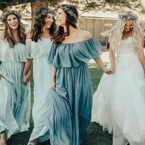 Revelry Abigail Chiffon Bridesmaid Maxi Dress in Desert Blue Size 4